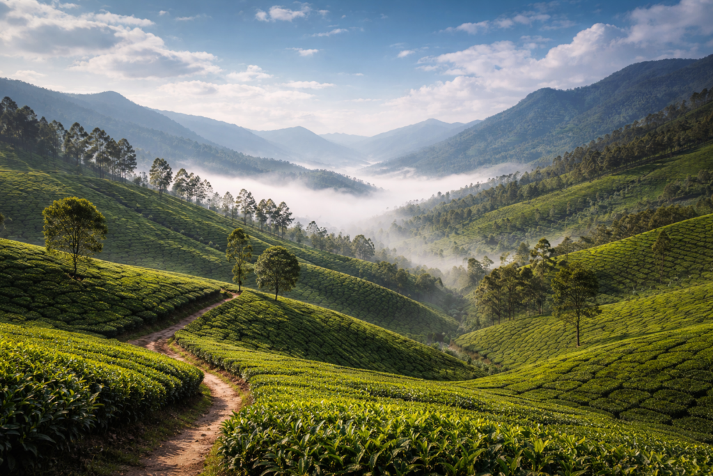 Misty morning in Munnar's tea gardens