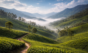 Misty morning in Munnar's tea gardens