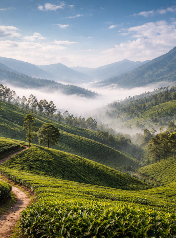 Misty morning in Munnar's tea gardens